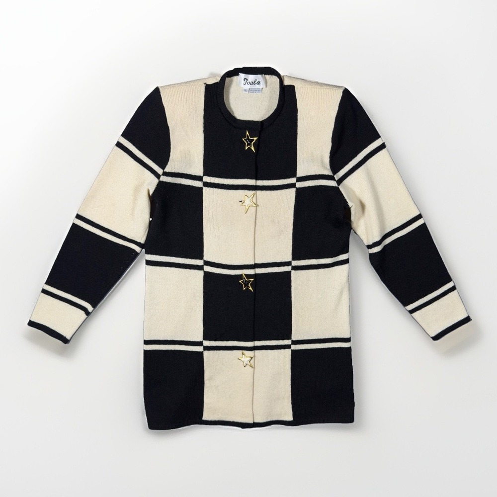 Vintage Toula Cardigan Sweater Womens 10 Black Ivory Star Button Shoulder Pads